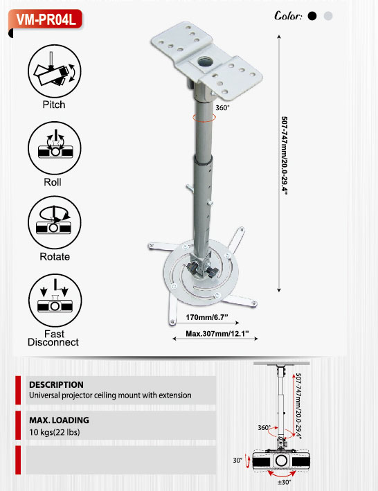 Uchwyt sufitowy do projektora VM-PR04L CZARNY